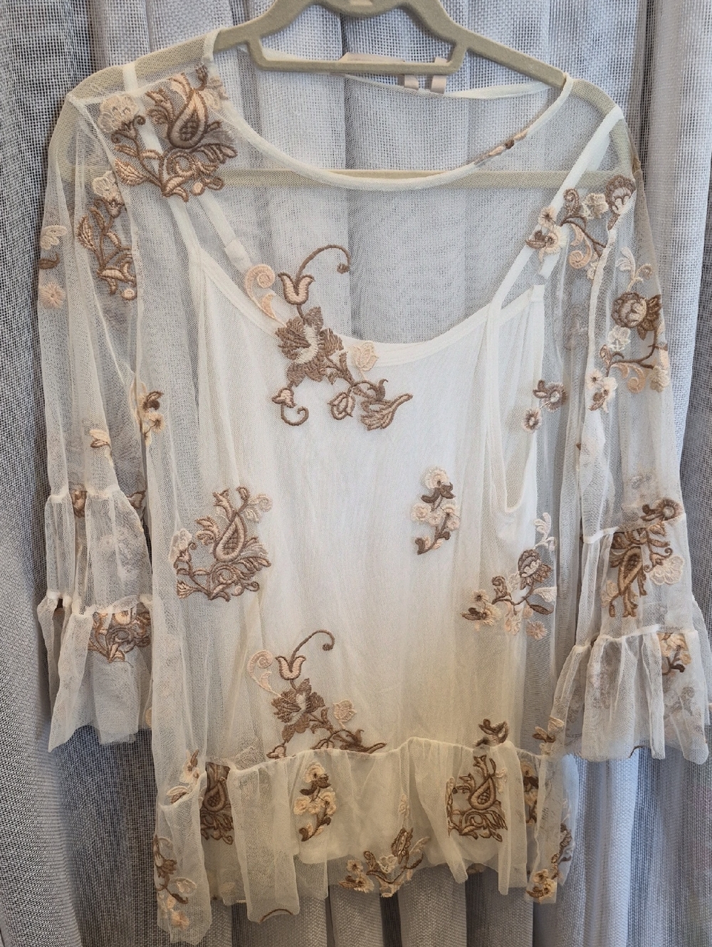 Soft Surroundings Embroidered Sheer Ivory Top with Brown Floral Accents